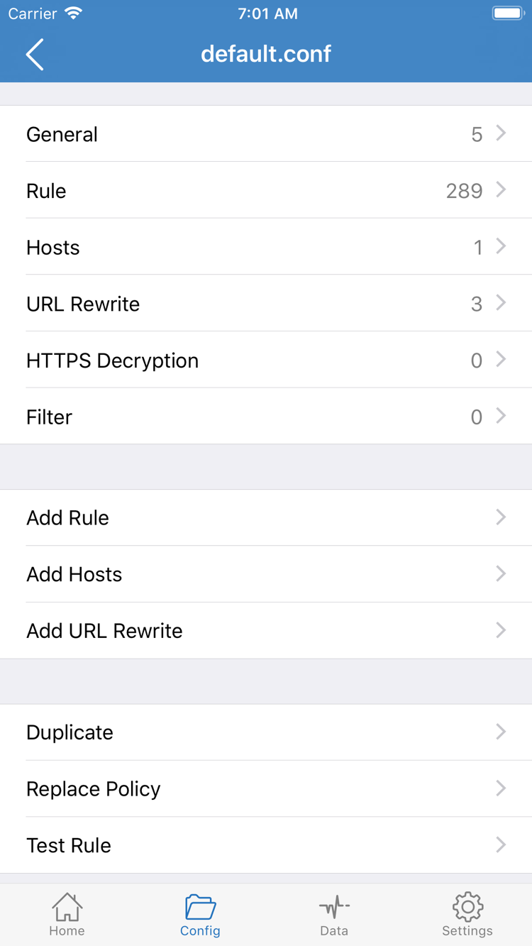 Shadowrocket의 Config 편집 화면. General, Rule, Hosts, URL Rewrite, HTTPS Decryption 및 Add Rule 표시