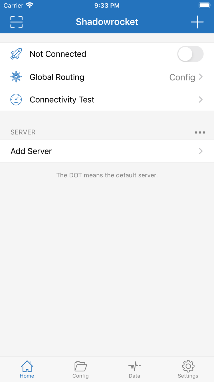 Shadowrocket Home 공식 스크린샷: Not Connected, Global Routing의 Config, Connectivity Test, SERVER 및 Add Server 표시