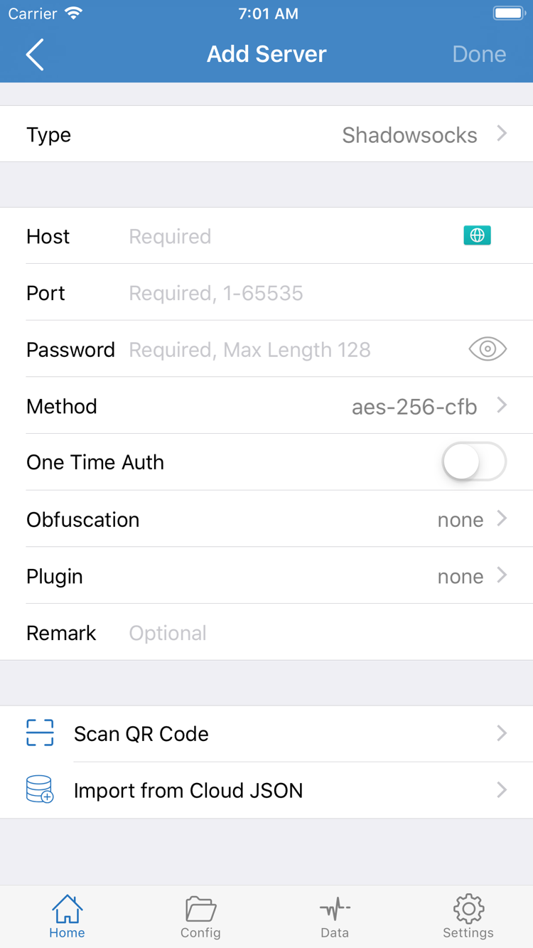 Shadowrocket Add Server 공식 스크린샷: Type, Host, Port, Password, Method, Scan QR Code 및 Import from Cloud JSON 표시
