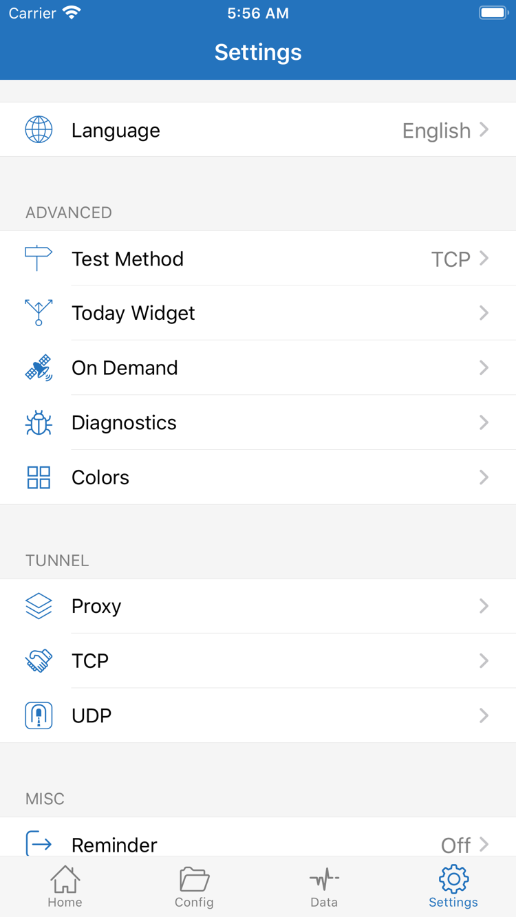 Shadowrocket의 Settings 화면. Language, Test Method, Today Widget, On Demand, Diagnostics, Proxy, TCP 및 UDP 표시